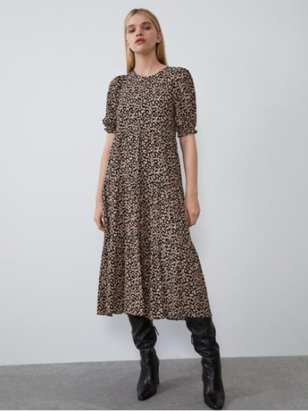 ZARA Black Floral Midi Dress Puff Sleeve Tiered Cottagecore Romantic Size M